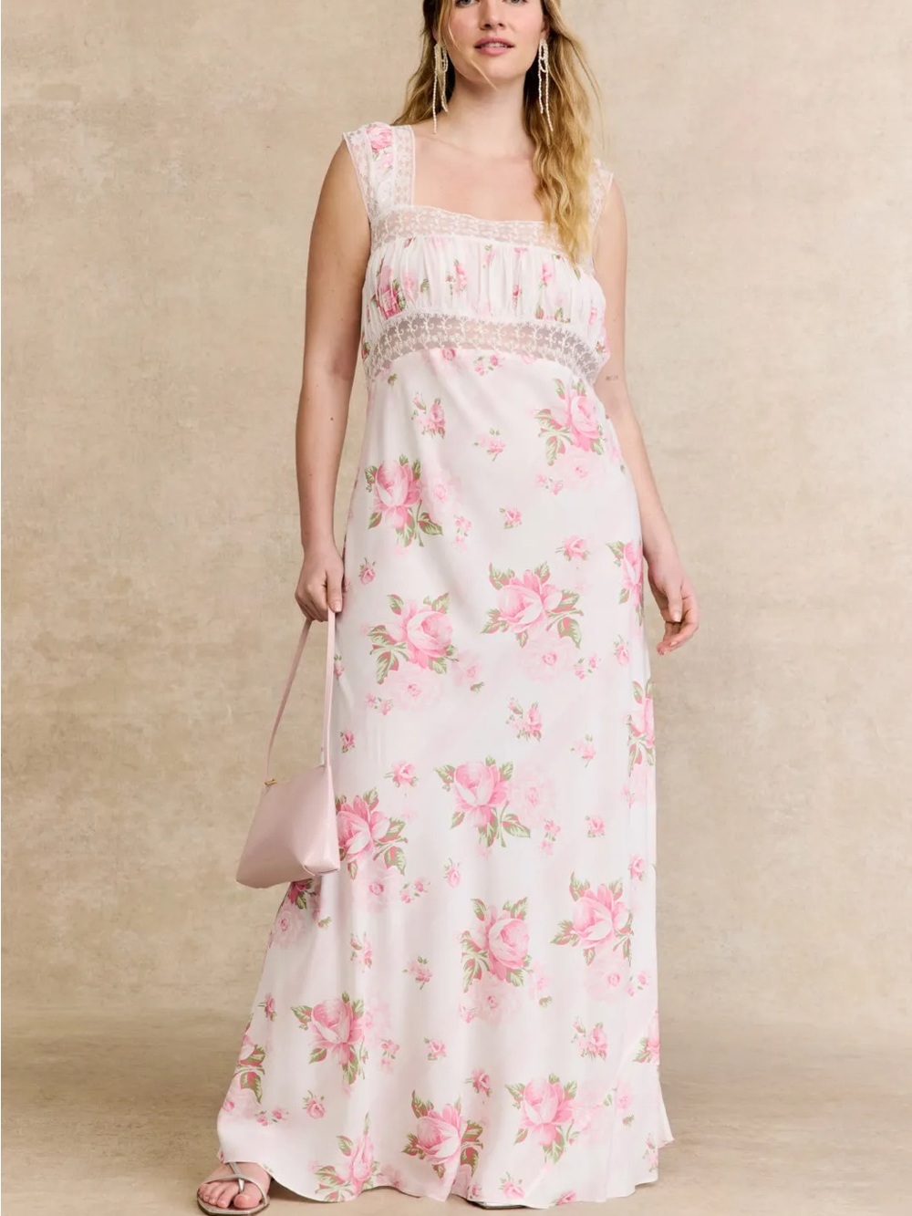Selkie Veronica Slip Dress Pink Rose Floral Lace Maxi Dress Cottagecore Size M
